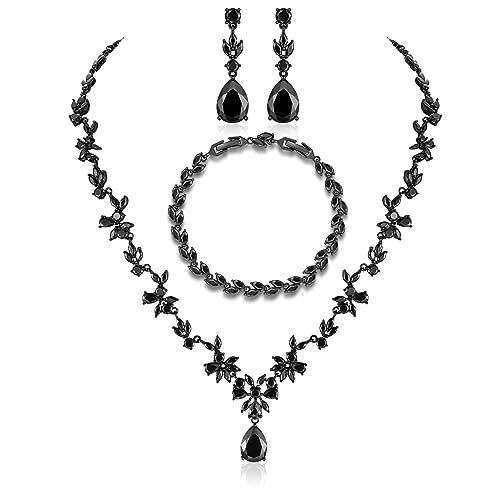 Jewelry Set for Women, Necklace Dangle Earrings Bracelet Set with White AAA Cubic Zirconia, Allergy Free Wedding Party Jewelry for Bridal Bridesmaid - color: Necklace+Braclelet+Earrings-Black