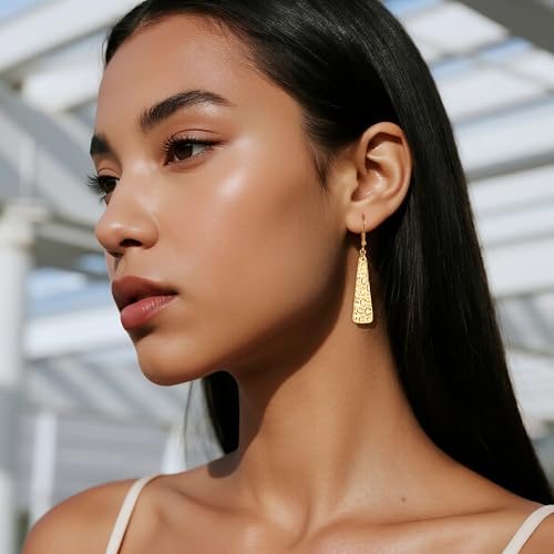 ALEXCRAFT Hammered Silver Dangle Earrings for Women, 14K Gold Plated French Leverback Earrings, Hypoallergenic Lightweight Statement Hammer Square Bar Long Drop Earing for Women Trendy Jewelry Gifts - color: GoldA