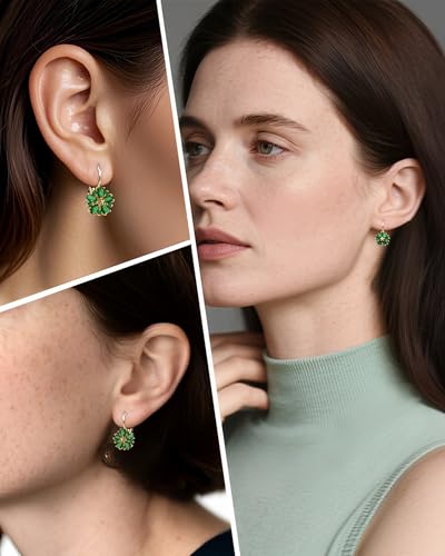 Vintage 14K Gold Plated Flower Birthstone Earrings - Hypoallergenic Leverback Floral Earrings, Trendy Jewelry Gifts for Women - color: Emerald Green