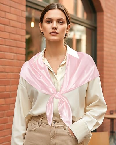 Mesovor 35” Square Head Scarf for Women, 3 Pack Like Silk Satin Headscarf Hair Neck Scarf Top Bandanas for Sleeping - color: Pink + Dusty Pink + Camel