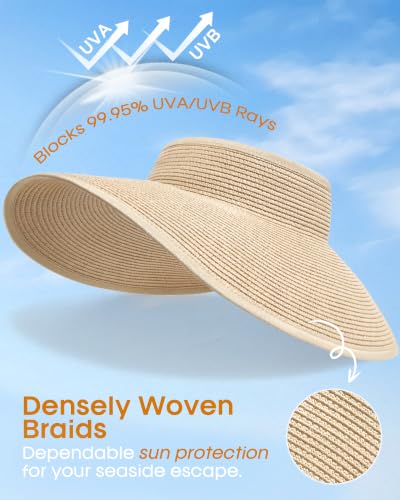 Womens Sun Visor Hats Wide Brim Straw Beach Hat UV Protection Ponytail Packable Beach Vacation Essentials - color: Beige