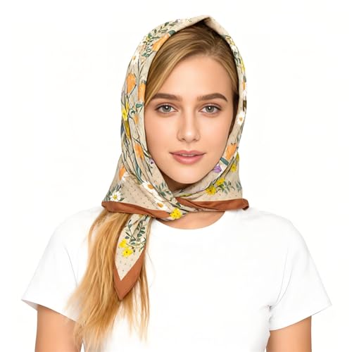 Premium Floral Scarf for Women 35x35 Square Silk Feel-Lightweight Scarves Headscarf Bandanas Wrapping Handbag - color: Light Brown