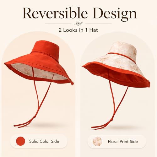 Wide Brim Sun Hat for Women Reversible Beach Hats Metal Wired Edge Gardening Hats, UPF 50+ Bucket Summer Hat - color: Orange Floral