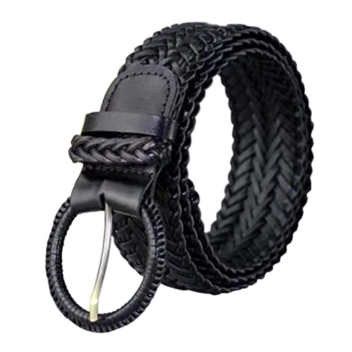 Women Wide Braided Leather Belt 1.6 inch Ladies Soft Woven Waistband with Buckle - color: Black