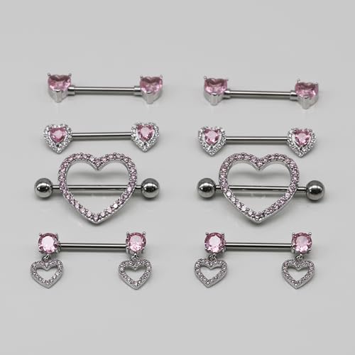BSJ4U Nipple Ring and Belly Button Ring Set 14G Stainless Steel Sparkly Pink CZ Heart Bar Barbell Nipple Belly Piercing Body Jewelry - style: Cute