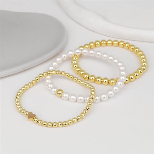 Dainty Pearl Chain Bracelets 14K Gold Bracelet for Women Adjustable Baroque Culture Jewelry Gifts for Mother Wife - color: 3pcs