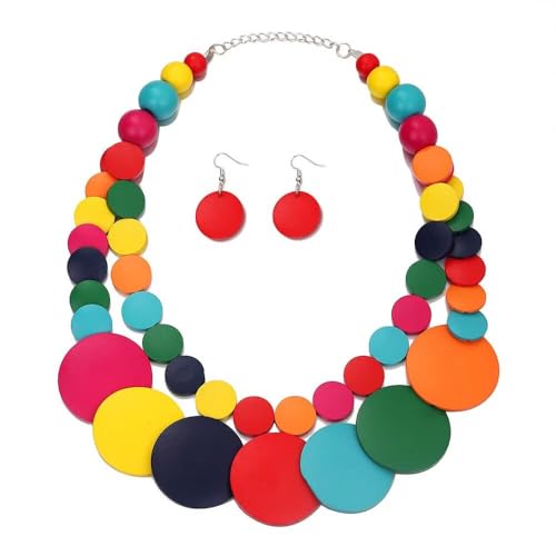 Zian Colorful Wooden Round Beaded Necklace Earrings Jewelry Set for Women Multicolor African Wood Beads Geometric Ethnic Choker Bohemian Statement Accessories - color: Colorful