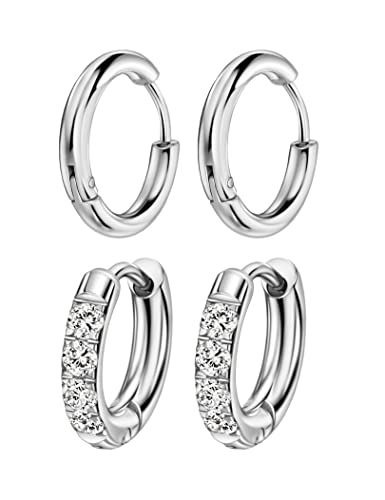 316L Surgical Stainless Steel Huggie Hoop Earrings with Cubic Zirconia, 10G 12G 14G 8-20mm Cartilage Lobe Earrings, 14G Piercing Jewelry - style: 10G 8mm Silver Clear CZ 2Pcs