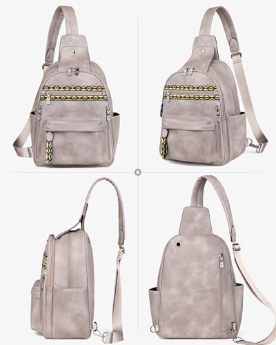 FADEON Large Sling Bag for Women, Leather Crossbody Purse Designer Anti Theft Sling Backpack, RFID Fanny Packs for Travel - color: Grey Retro Style