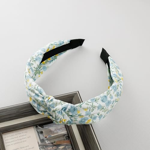 3-Piece Top Knotted Floral Pattern Headbands for Women & Girls, Cute Flower Print Knot Headband, Non Slip Fashion Hair Bands Hairbands (Blue) - color: Blue
