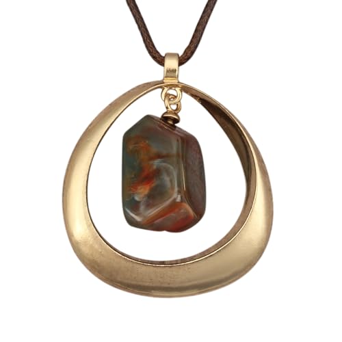 GelConnie Leather Necklace for Women Round Wooden Pendant Long Leather Choker Vintage Sweater Necklace Gold Chunky Boho Necklaces for Women - style: Brown Stone Leather Necklace
