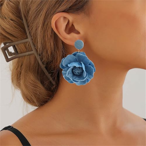 coadipress Boho Denim Camellia Flower Dangle Earrings for Women Exaggerated Big Layered Tiered Blossom Floral Drop Long Earring Chic Statement Earrings Wedding Bridal Jewelry Gifts - style: Flower Light Blue