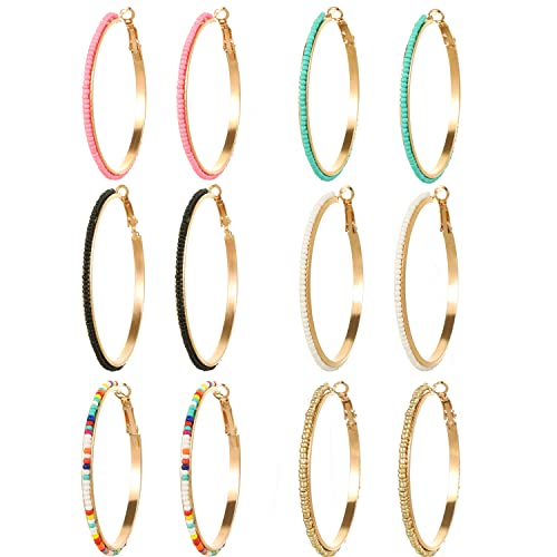 Jinxiuge 6 Pair Beaded Hoop Earrings Boho Flower Round Earrings Women's Handmade Earrings Set - style: Style-B
