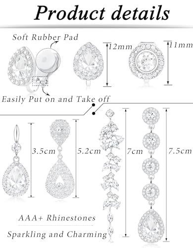 Clip on Earrings for Women Non Pierced Long Tassel Teardrop Chandelier Dangle Drop Earring Rhinestone CZ Earrings Clip Wedding Party Prom Stage Jewelry for Brides Bridesmaids Silver Plated