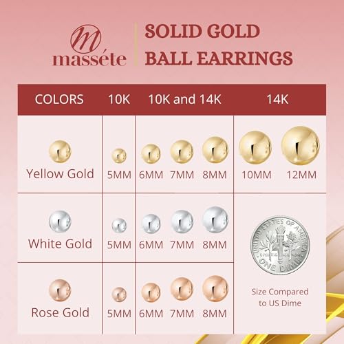 MASSETE Gold Ball Stud Earrings for Women and Girls | 10k, 14k | White Yellow or Rose Gold | 5mm -12mm | Nickel Free - color: 10K White Gold