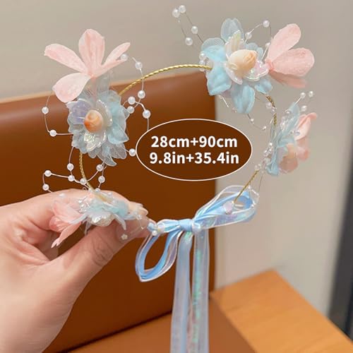 Artificial Flower Crown Headband for Women Girls – Boho Floral Wreath Halo for Weddings, Photoshoots, Festivals, Birthdays, and Costume Parties (Pink Blue Flower Shell, Adjustable) - color: Pink Blue Flower Shell