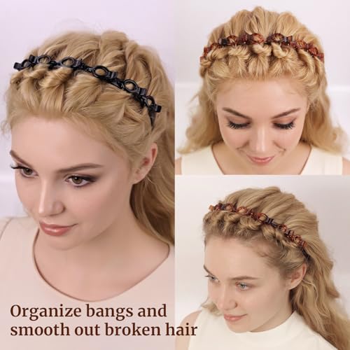 2 Pack Clip Headband for Twisty Bangs, 90s Hair Accessories for Women with 8 Mini Clips, Braided Hair Clip Headbands for Y2K Fashion Styling, Black and Brown