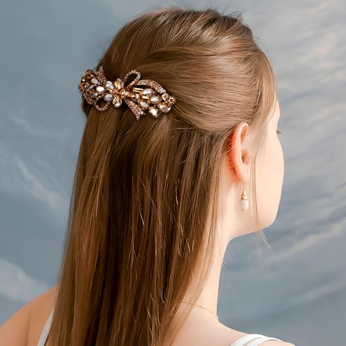 Joez Wonderful Rhinestone Hair Clip Sparkly Crystal Barrettes French Wedding Prom Engagement Pageant First Communion Hair Decorative Accessories for Women Long Hair (Bow Champagne 1 Pcs) - color: Rhinestone Butterfly Champagne