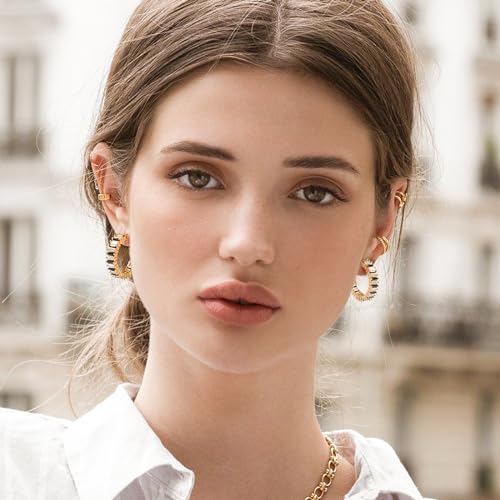 Trendy 14K Gold Plated Hoop Earrings for Women, Chunky Gold/Silver Earrings for Women Cubic Zirconia Baguette Hoop Earrings Heart Hoops Lightweight Hypoallergenic Jewelry,25mm/35mm/40mm/50mm - color: 01 Gold White and Black Hoops 25mm