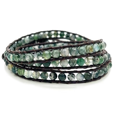 3 Wrap Genuine Leather Bracelet Gemstone Bead - color: Planet Green Ocean Grass Agate