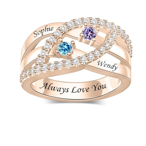Personalized Name Family Rings Custom 1-6 Birthstones Mother's Rings Sterling Silver Promise Ring for Mother's Day Daughter Grandma Women - color: 2 Stones