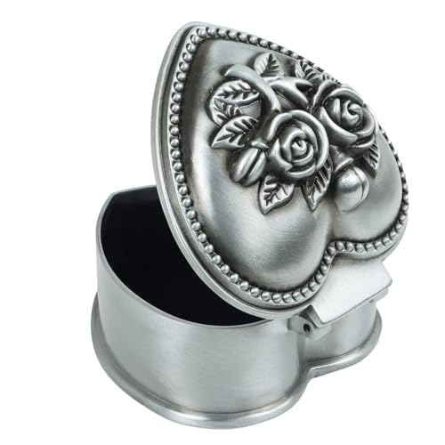 Vintage Metal Trinket Jewelry Box, Small Heart Shape Jewelry Organizer Rose Flower Sunflower Antique Treasure Chest Ring Holder, Earrings Necklace Storage Box Keepsake Box for Women (Heart-Rose) - style: Heart-Rose