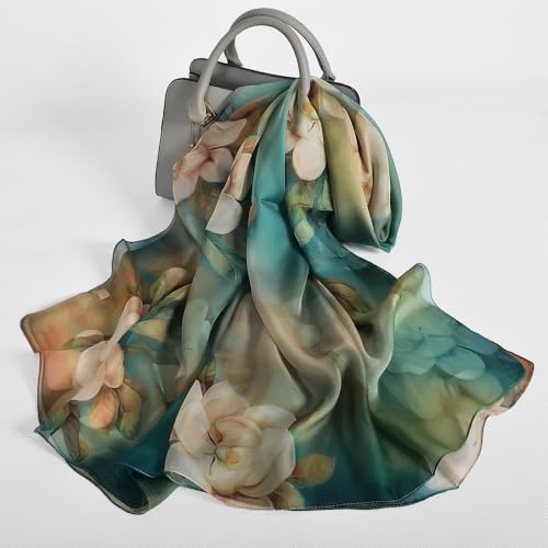 100% Mulberry Silk Women's Neck Silk Scarf-Lightweight Shawl,FLoral Print Beach Silk Wrap-Scarves for Photography - color: Blue Green