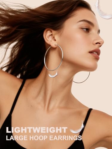 FOCALOOK 14K Gold Plated Lightweight Large Hoops| 2mm Thin Hoop Earrings for Women 30/40/50/70/100mm - color: 01.Silver, size: 70mm
