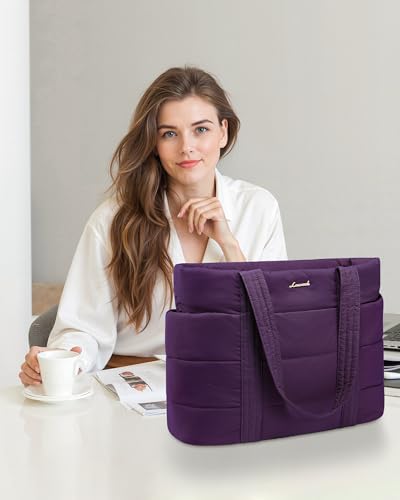 LOVEVOOK Tote Bag for Women, Large Puffer Work Tote Laptop Bag, Lightweight Travel Tote Bag with Zipper Gifts for Women - color: Purple-a, size: 15.6 Inch