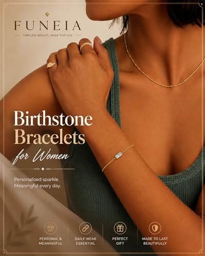 FUNEIA Birthstone Gold Bracelets for Women Non Tarnish Trendy Dainty 14K Gold Plated Bracelet Stack Stackable Blue Green May Emerald Friendship Bracelets Jewelry Gifts for Mom Best Friend - color: 03. March(Aquamarine)