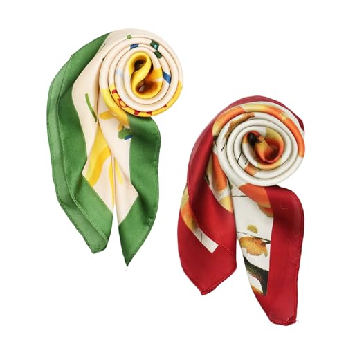 vimate Head Scarf for Women Hair 27'' Square Satin Silk Feeling Bnadana Neck Scarf Handbag Accessories Etc - color: D100#.2 Pack-oil Painting Landscape