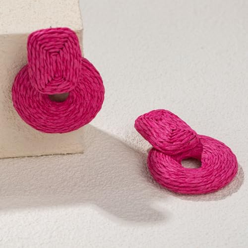 Statement Raffia Earrings Cute Boho Earrings Rattan Dangle Earrings Handmade Straw Wrap Earrings Summer Drop Dangling Earrings for Women Teen Girls - color: Rose