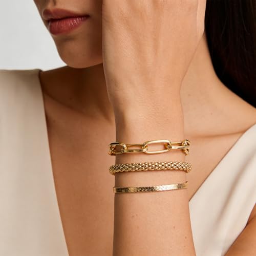 Alegend Titanium Steel (Not Rust, Resist Corruption, Easily Clean) 18K Gold Plated Single Bracelets + 14K Gold Plated Stackable Multilayer Bracelets - style: 14KGold + 3PCS