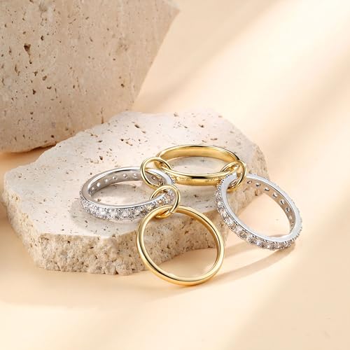 PATISORNA Gold Stackable Rings for Women Non Tarnish 18K Gold Plated Interlocked Stack Rings Set Silver Gold Mixed Metals Multi Ring Statement Thumb Rings Cubic Zirconia Connected Bands Fashion Jewelry Gifts - color: Thick Bands & CZ