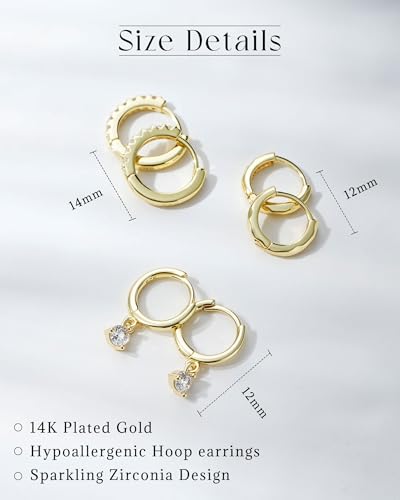 3 PairsTrendy Dainty Set Earrings- 14K Gold Plated Hoop Earrings for Women, Hypoallergenic Lightweight Stackable Jewelry Gift for Multiple Piercings - color: Two circles diamond