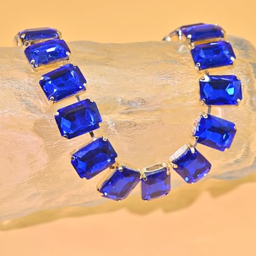 Fashionable Chunky Plated Tennis Rhinestone Statement Necklace Jewelry Set for Women Multicolor gem necklace with Great Sparkle and Shine Design for Women to Easy Match - color: navy blue square rhinestone