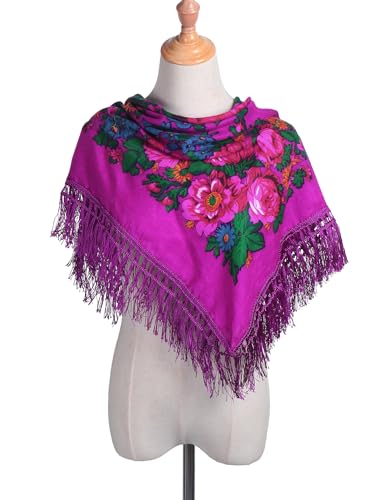 MJ SERECA Acrylic Bandana Printed Hair Scarf Square Ukrainian Head Scarf Floral Babushka Neck Scarf for Women 30"/42"/60" - color: Purple With Tassel