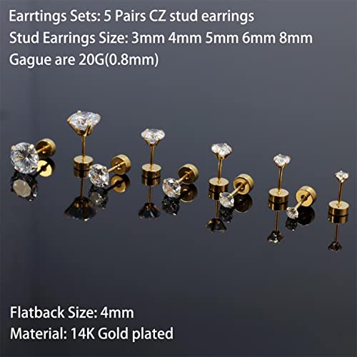 Dainty 6 Pairs Surgical Steel Earrings Sets for Multiple Piercing, Lightweight 14K Gold Plated Small Huggie Hoop Earrings, Flat Back Tiny Ball CZ Stud Earrings for Cartilage, Helix, Lobe, Hypoallergenic - style: 14K Gold Plated- 5 Pairs CZ Studs