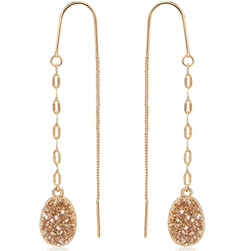 Simulated Druzy Threader Earrings for Women - Gold, Silver, or Rose Gold Tone Long Chain Earrings with Boho Created Geode Stone - color: Gold - Gold Stone