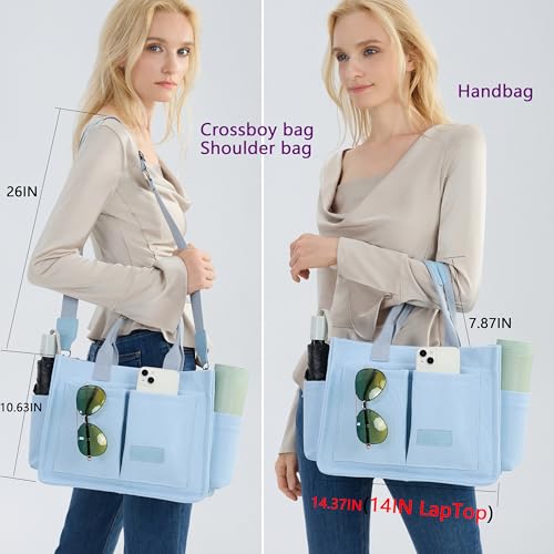 ZHMO Canvas Tote Bag for Women,Women's Bags Crossbody Bags Work Laptop Tote Bag Large Handbags Purse for Travel Nurse Teacher - color: New Upgrade Light Blue With Compartments and Side Cup Holders