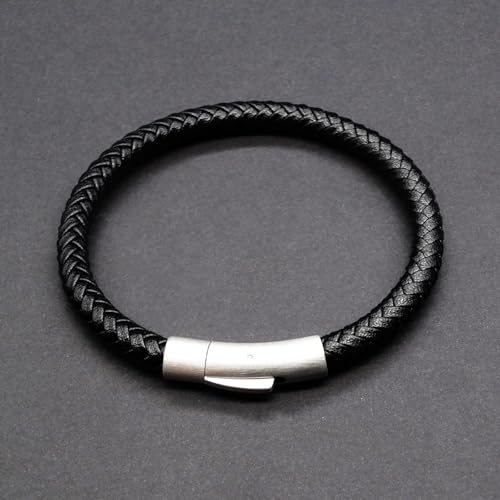 Men's Leather Bracelet, Stackable Stainless Steel Clasp Bracelets for Men Stylish Birthday, Thanksgiving, Valentine's Day Gift for My Man - style: 8.2" Black Leather