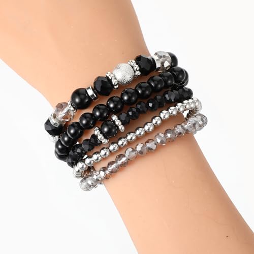 5PCS Beaded Stretch Bracelet Stackable Stylish Beaded Bracelets for Women Crystal Bead Boho Stretch Layering Stone Bracelets Trendy Costume Jewelry Gift Multilayered Disco Ball Faceted Bracelet - color: Black, Silver