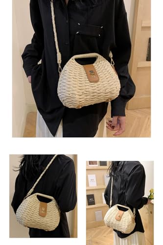 Handmade Straw Woven Bag Beach Clutch Purses Women Vacation Shell Shoulder Crossbody Summer Dumpling Handbag Basket Tote - color: A-beige