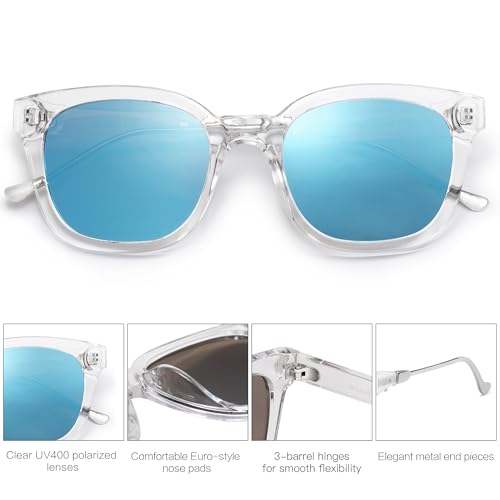 SOJOS Classic Square Polarized Sunglasses Womens Mens Retro Trendy UV400 Sunnies SJ2050 - color: Clear/Blue Mirrored