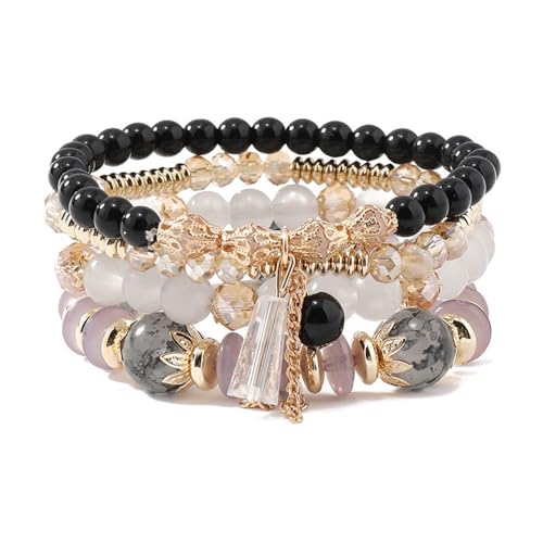 Caiyao 4Pcs Bohemia Multilayer Stackable Beaded Bracelets Set Colorful Crystal Stone Gold Beaded Stretch Bracelets Hawaii Charm Bracelet for Women Men Summer Beach Boho Vacation Jewelry Gifts - color: Balck