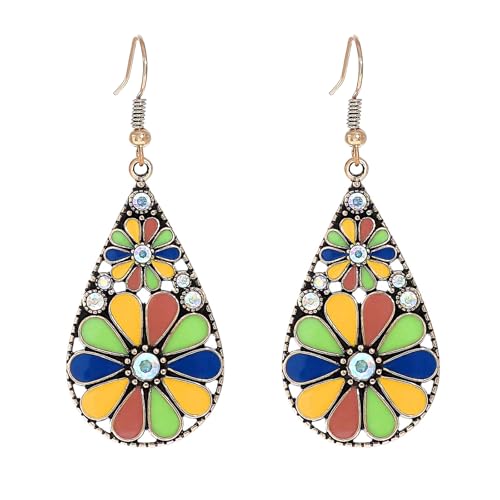 coadipress Bohemian Flower Teardrop Earrings for Women Trendy Vintage Colorful Hollow Out Flower Floral Dangle Earrings Bohemian Handmade Ethnic Statement Jewelry - color: Green Yellow
