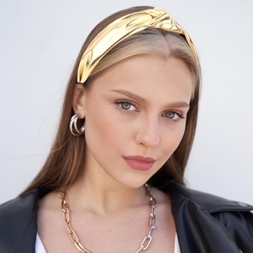 YISSION Gold Metallic Knotted Headband for Women, Wide Padded Top Knot Turban Hair Band, Non-slip Fashion Hair Hoop for Party, Holiday & Daily Wear - color: Gold
