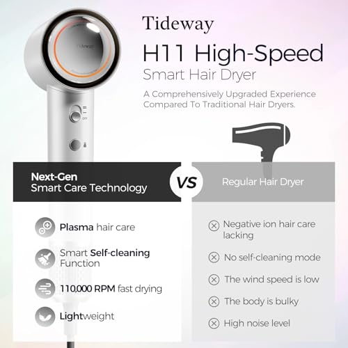 Tideway Hair Dryer Professional High-Speed Ionic Blow Dryer 110,000 RPM, Compact Hair Dryer with Magnetic Diffuser, Fast Drying with Brushless Motor Low Noise Smart Temperature Control-H11 - color: White