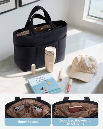 LOVEVOOK Small Tote Bags for Women, Puffer Purse and Handbags, Mini Crossbody Puffy Top Handle Shoulder Satchel Bag - color: Black, size: 11.5 Inch