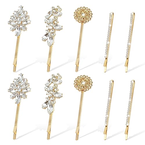 10 Pieces Rhinestone Hair Clips, Crystal Bobby Hair Pins Decorative Rhinestone Hair Barrettes for Wedding, Leaf Feather Sunflower Hair Clips Metal Hair Accessories for Women,4 Styles(Gold) - color: gold